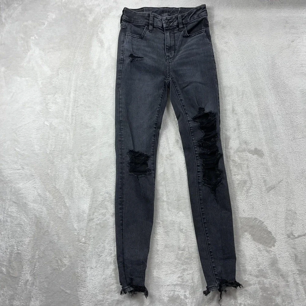 American Eagle Jeans Womens 00 Super High Rise Jeggings Distressed Skinny Fringe